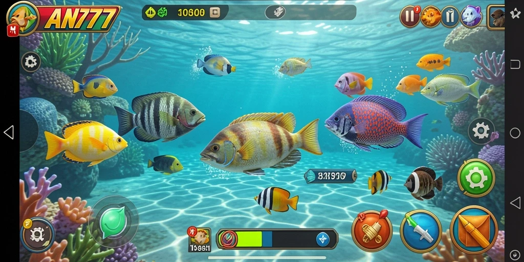 Screenshot utama AN777 menampilkan aksi seru menangkap ikan.