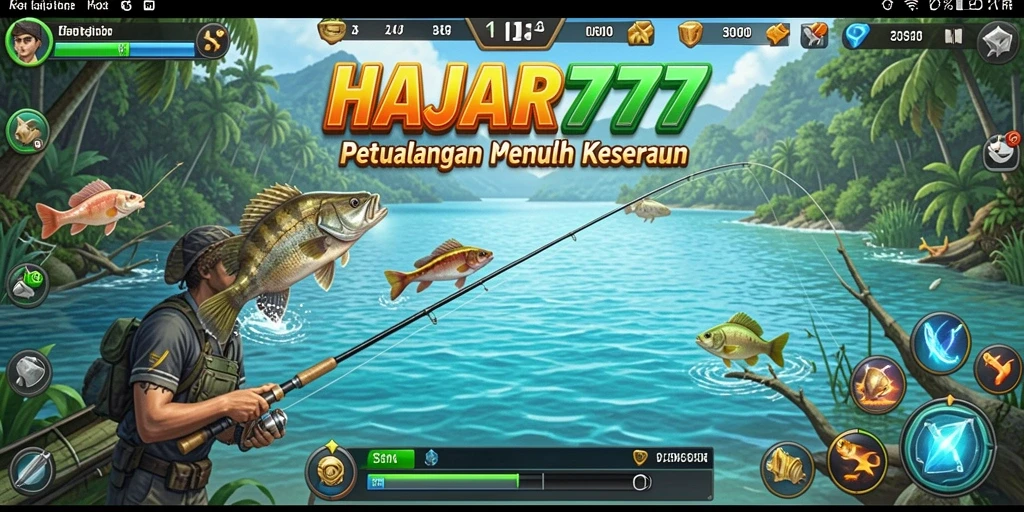 Tampilan gameplay seru HAJAR777 saat memancing di laut.