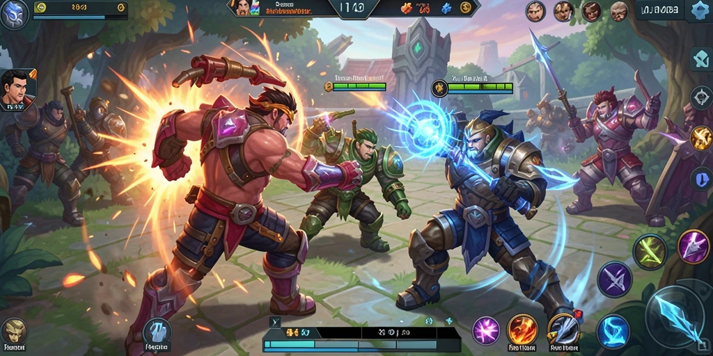Screenshot menunjukkan momen pertarungan intens di arena MOBA.