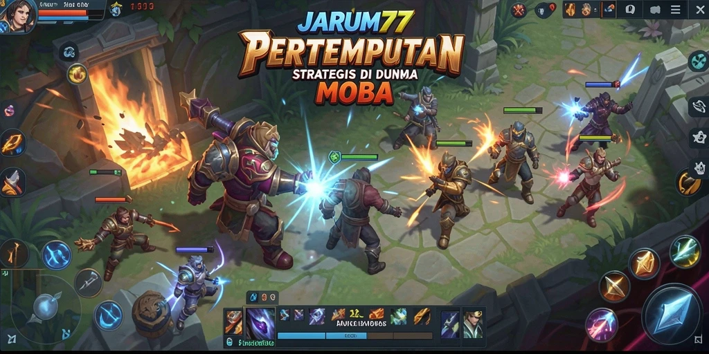 Screenshot menunjukkan aksi seru dalam pertempuran MOBA JARUM77.