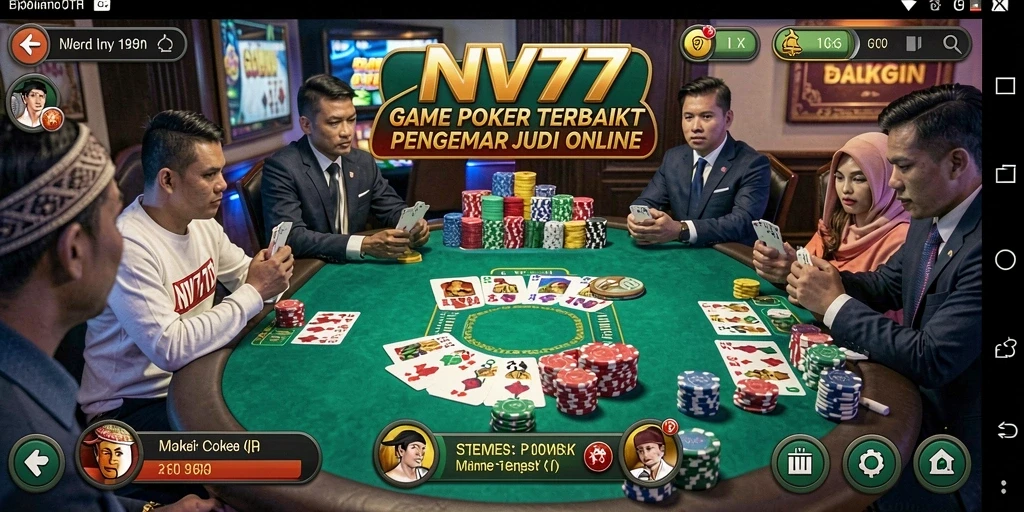 Tangkapan layar gameplay NV77 menunjukkan momen mendebarkan di meja poker.