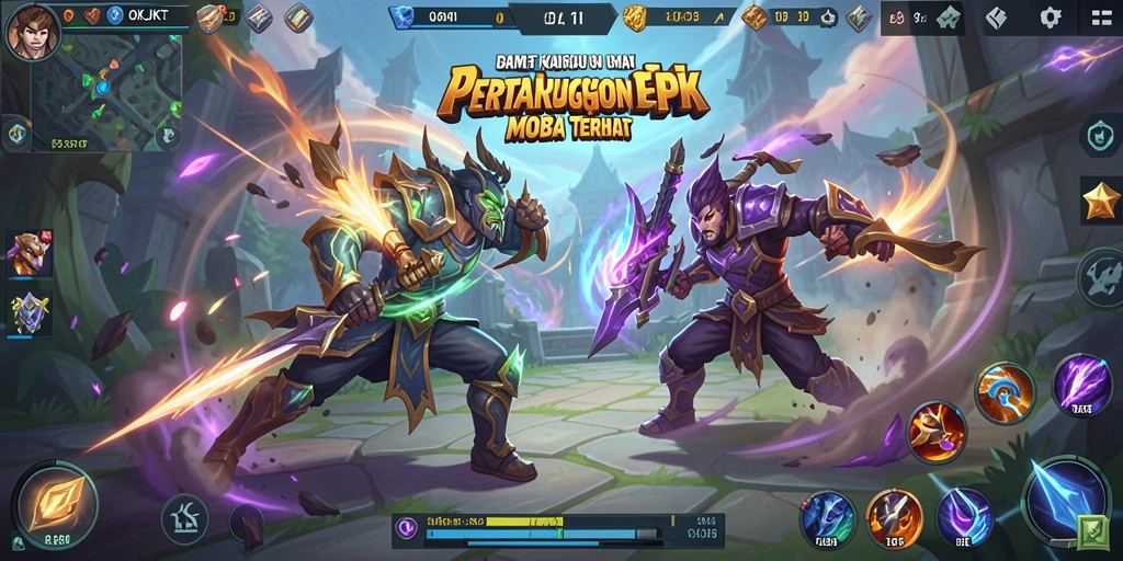Tampilan gameplay epik dalam arena MOBA OKJKT.