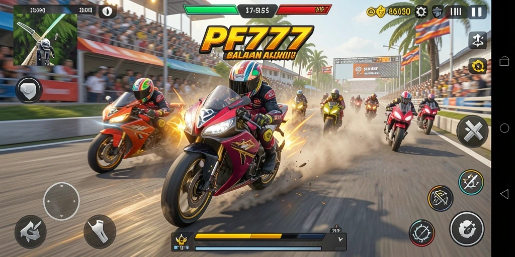 Screenshot utama PF777 menampilkan arena balapan motor yang seru.
