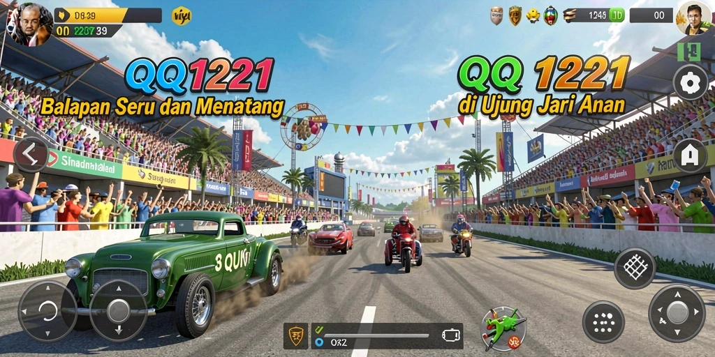 Screenshot QQ1221 yang menggambarkan aksi balapan seru.