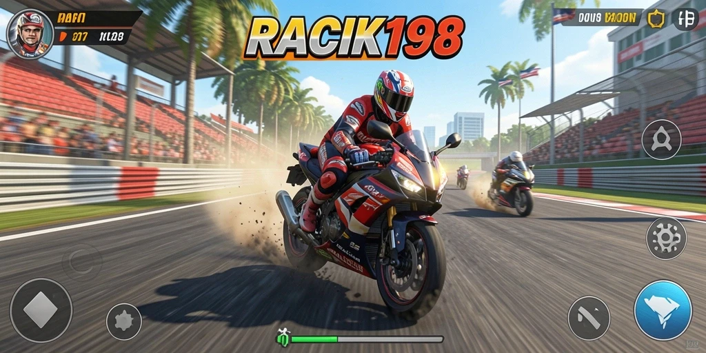 Gameplay RACIK198 yang seru dan mendebarkan saat balapan motor.