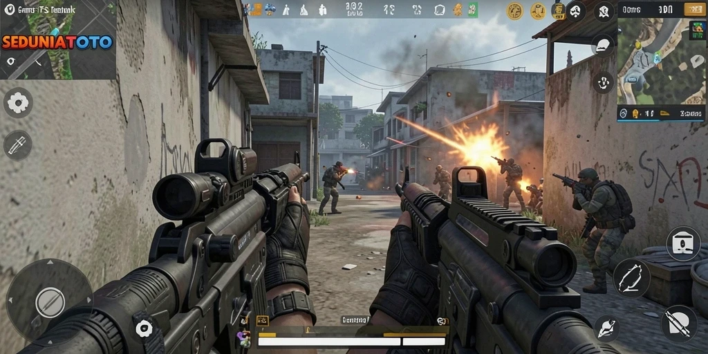 Tampilan seru gameplay <strong>SEDUNIATOTO</strong> dengan aksi tembak-menembak yang intens.